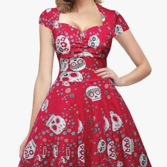 SUGAR SKULL RETRO ROCKABILLY FLORAL HALLOWEEN FESTIVAL COSPLAY PARTY SWING DRESS - Picture 2 of 13